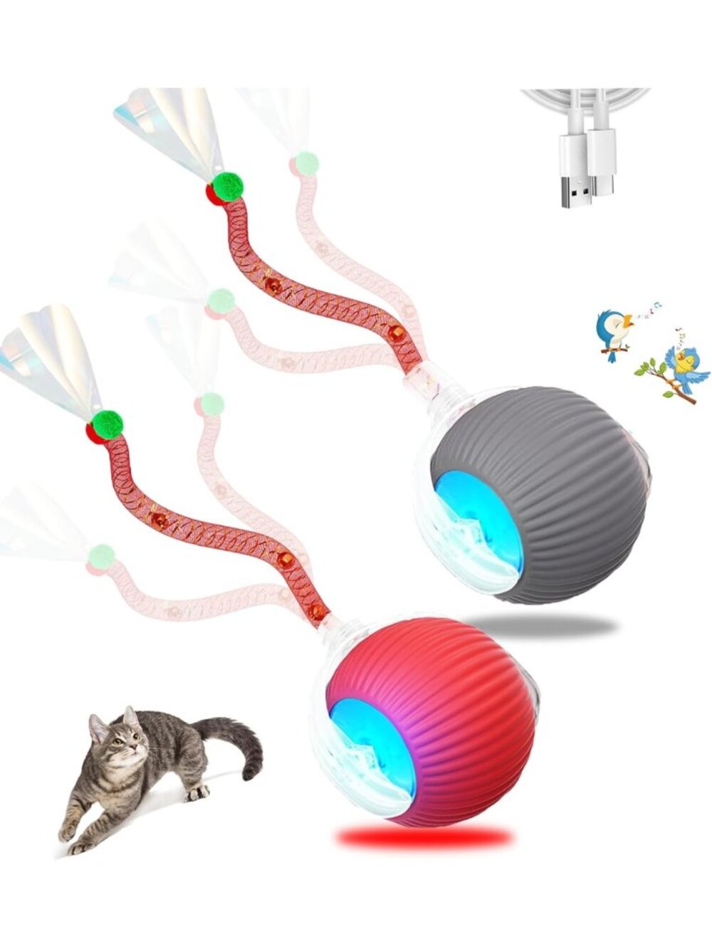 2PCS Interactive Cat Toys - Automatic Chirping Ball & Elastic Tail for Indoor